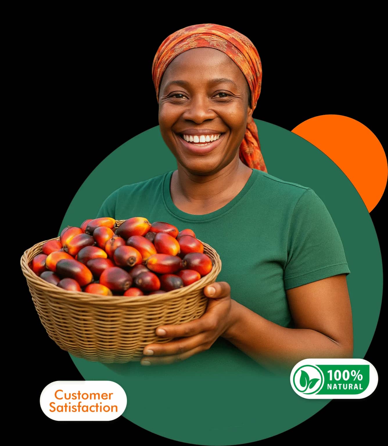 Nigerian farmer smiling while carrying a basket of freshly harvested oil palm fruit